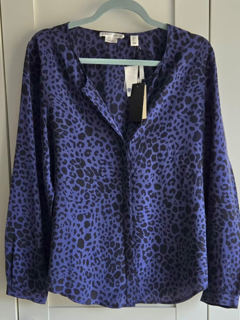 Max Studio 100% Silk Leopard Print Blouse – Navy/Black, Size L (NWT)